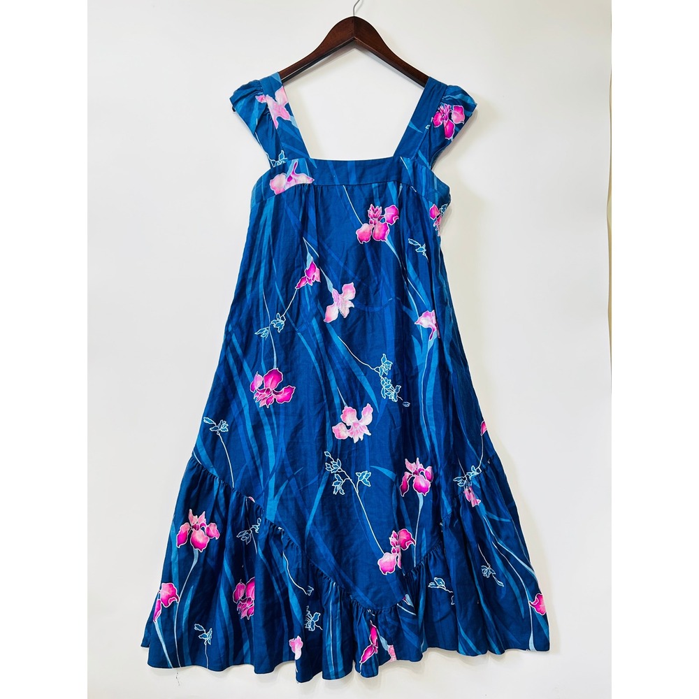 Hilo Hattie Hawaiin Dress Floral Cotton Tiered Midi Womens L Blue Smocked Vacay